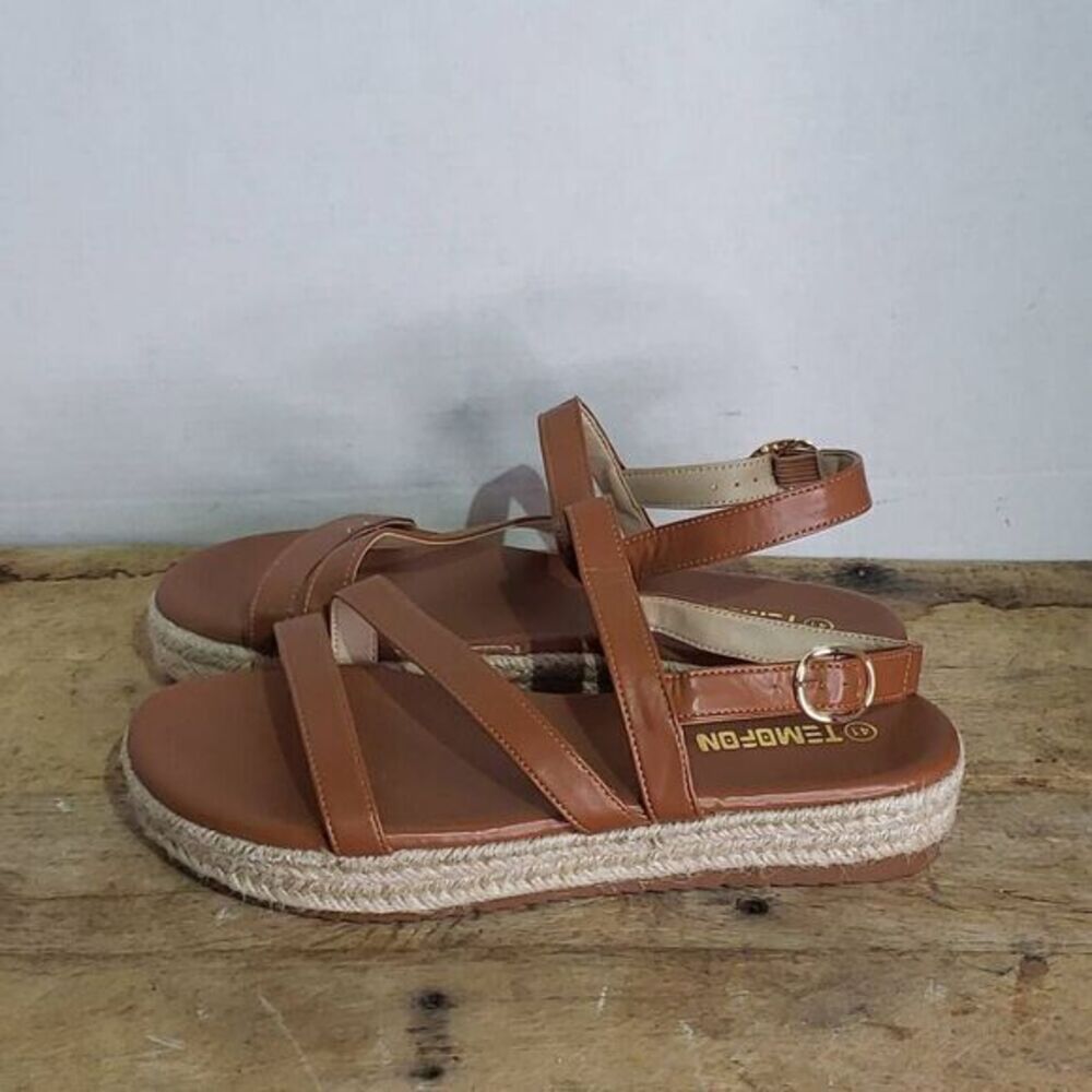 TEMOFON brown Espadrilles‎ Platform Sandals Summer Ankle Strap Open Toe